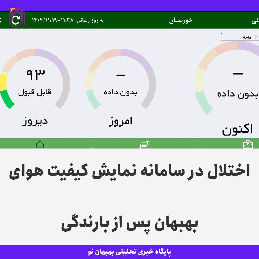 اختلال در نمایش سامانه کیفیت هوای بهبهان پس از بارندگی